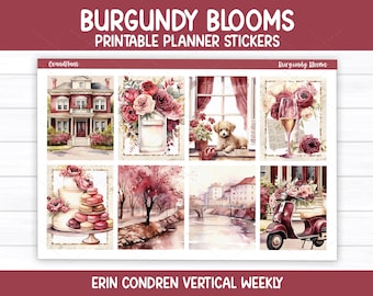 Burgundy Blooms Weekly Sticker Kit for Erin Condren & Vertical Planners (Printable)