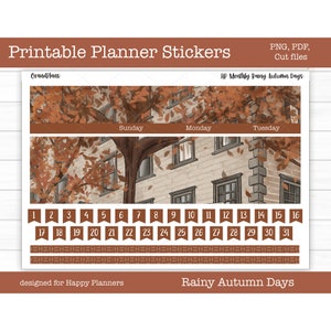 Printable Happy Planner Monthly Kit, Planner Stickers, Fall, Digital Stickers, Florals, Cut Files, Cricut, PNG, Rainy Autumn Days