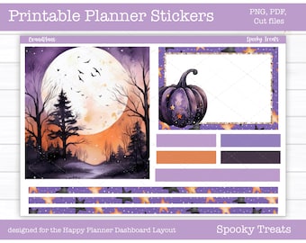 Printable Planner Stickers, Spooky Treats Weekly Sticker Kit, Halloween, Happy Planner Dashboard Layout Kit, Cut Files, Cricut PNG