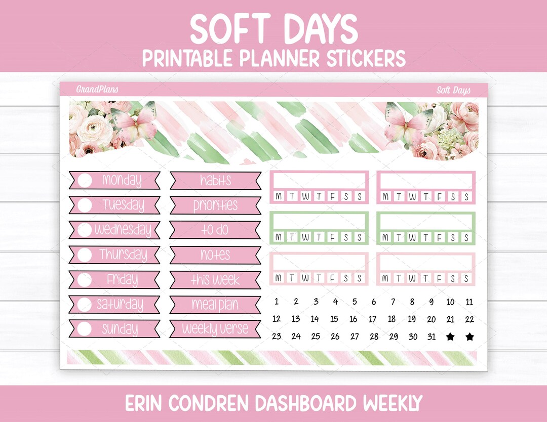 Soft Days Weekly Sticker Kit for the Erin Condren Dashboard Planner ...