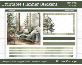Printable Planner Stickers, Winter Cottage, Weekly Sticker Kit, Happy Planner Dashboard Layout, Cut Files, Cricut PNG