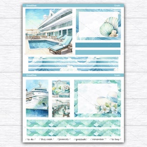 Op de afbeelding: Een planner sticker vel met een cruise thema. De vel bevat aquarel illustraties van een cruiseschip, schelpen en een zwembad. Het kleurenpalet bevat tinten blauw en blauwgroen. Tekst bevat "Cruise" en andere planner gerelateerde woorden.