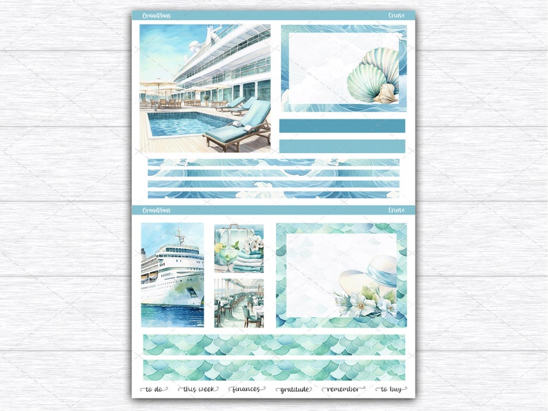 Op de afbeelding: Een planner sticker vel met een cruise thema. De vel bevat aquarel illustraties van een cruiseschip, schelpen en een zwembad. Het kleurenpalet bevat tinten blauw en blauwgroen. Tekst bevat "Cruise" en andere planner gerelateerde woorden.