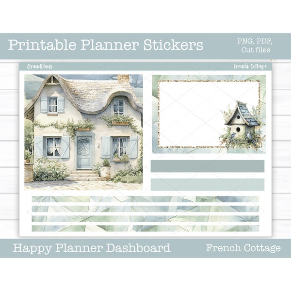 Spring Printable Planner Stickers, French Cottage Weekly Kit, Happy Planner Dashboard Layout, Dashboard Stickers, Cut Files, Cricut PNG
