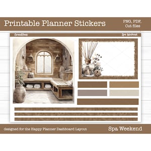 Druckbare Planner Aufkleber, Spa Wochenende Wochenaufkleber Kit, glückliches Planner Dashboard Layout, Dashboard Aufkleber, Cut Files, Cricut PNG