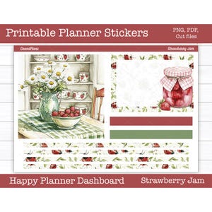 Adesivi stampabili per planner, kit di adesivi settimanali con marmellata di fragole, layout del dashboard di Happy Planner, adesivi per dashboard, file di taglio, PNG Cricut