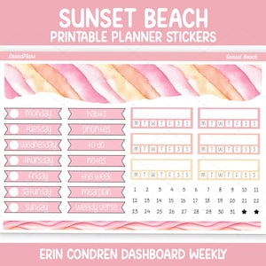 May include: A printable planner sticker sheet with a sunset beach theme. The sheet includes labels for each day of the week, habits, priorities, to-do lists, notes, and a calendar. The design features pink, peach, and white watercolor elements.