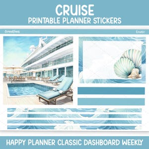 Op de afbeelding: Een printbaar planner sticker vel met een cruise thema. Het ontwerp bevat een aquarel illustratie van een cruiseschip, een zwembad met ligstoelen en schelpen. De tekst "CRUISE PRINTABLE PLANNER STICKERS" en "HAPPY PLANNER CLASSIC DASHBOARD WEEKLY" worden weergegeven.