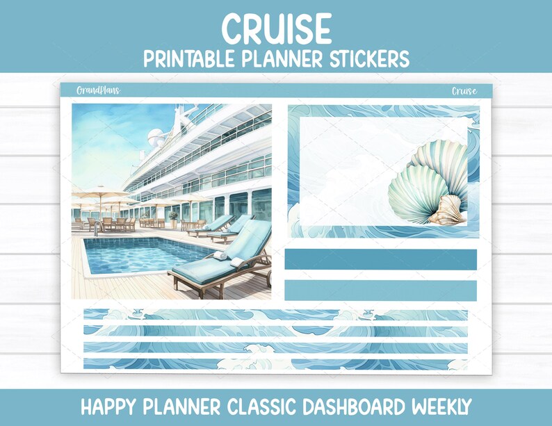 Op de afbeelding: Een printbaar planner sticker vel met een cruise thema. Het ontwerp bevat een aquarel illustratie van een cruiseschip, een zwembad met ligstoelen en schelpen. De tekst "CRUISE PRINTABLE PLANNER STICKERS" en "HAPPY PLANNER CLASSIC DASHBOARD WEEKLY" worden weergegeven.