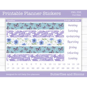 Druckbare Aufkleber, Wochenplaner, Frühling, A5 Tages Duo Planer, Cut Files, Cricut PNG, Schmetterlinge und Blüten