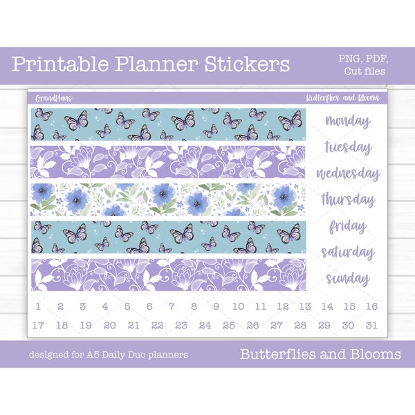 Printable Planner Stickers, Weekly Sticker Kit, Spring, A5 Daily Duo Planner, Cut Files, Cricut PNG, Butterflies and Blooms