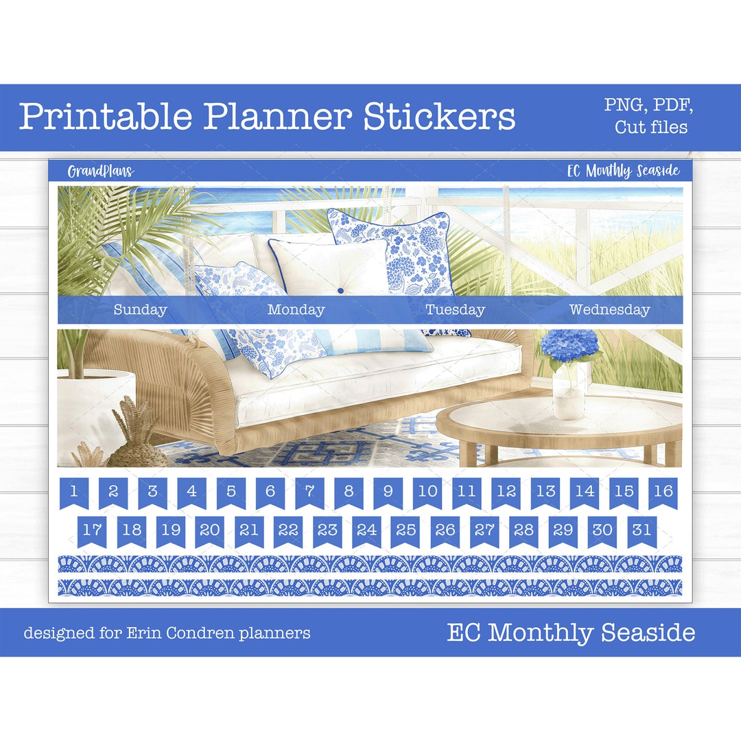 Printable Erin Condren Monthly Kit, Planner Stickers, Beach, Summer ...