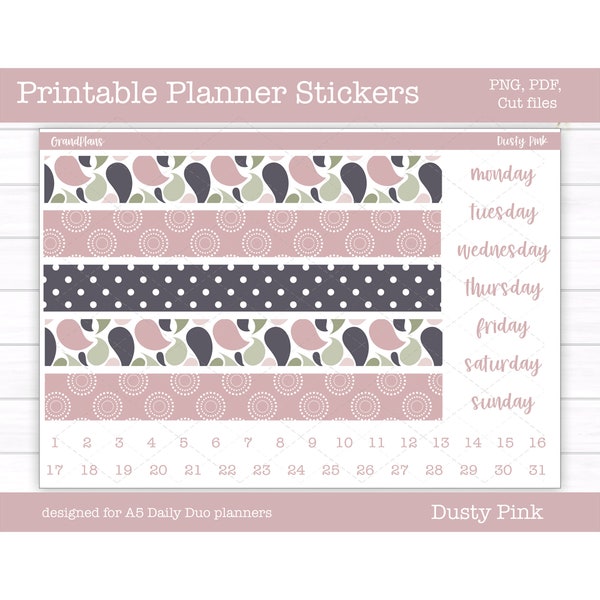 Printable Planner Stickers, Weekly Sticker Kit, A5 Daily Duo Planner, Spring Stickers, Digital Stickers, Cut Files, Cricut, PNG, Dusty Pink