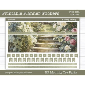 Kit mensal de planejador feliz para impressão, adesivos de planejador, adesivos florais de primavera, adesivos digitais, arquivos cortados, Cricut PNG, Tea Party