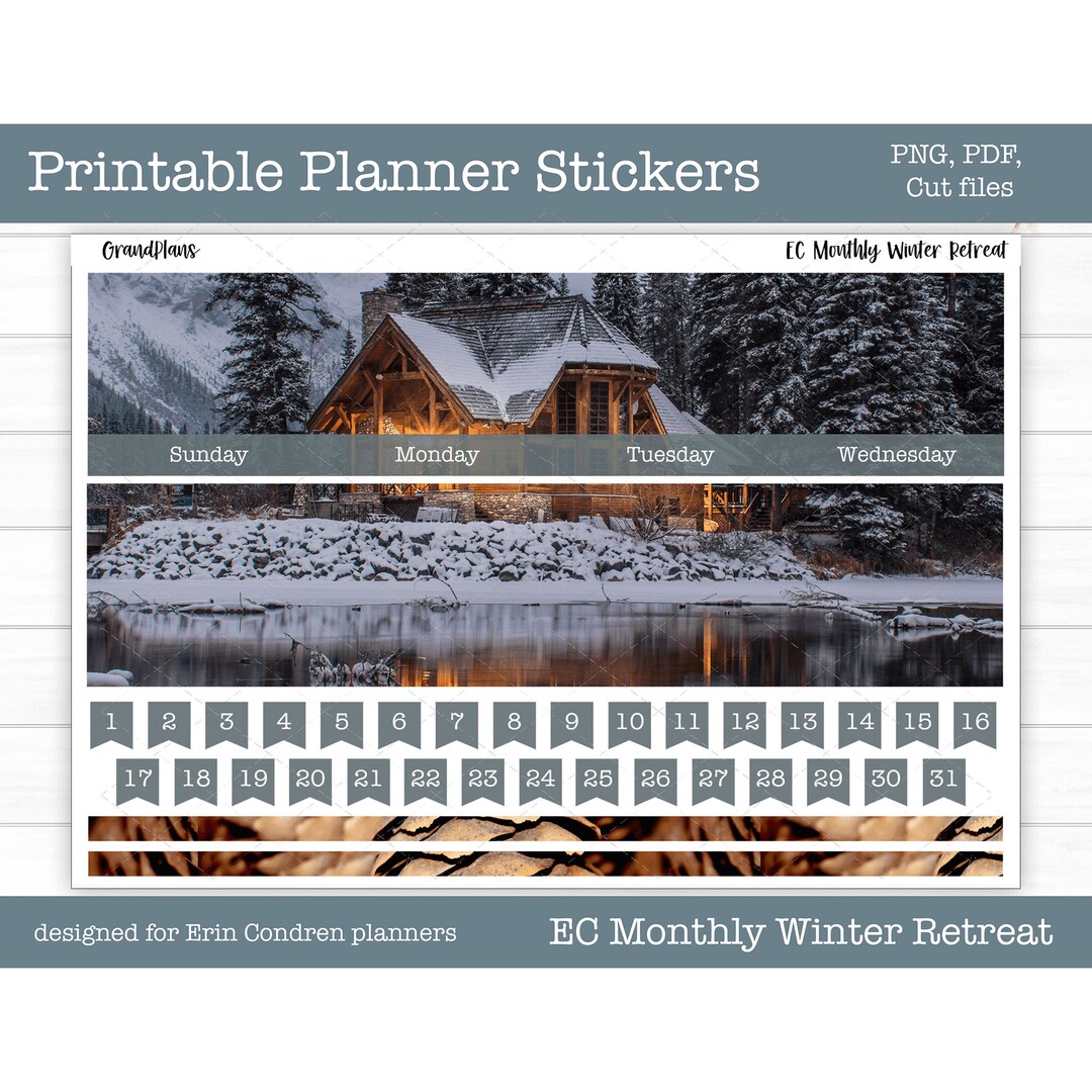 Printable Erin Condren Monthly Sticker Kit - Winter Retreat, Planner ...