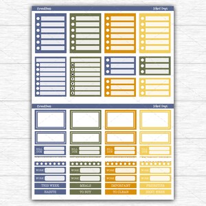 May include: A sheet of planner stickers with various rectangular and list-style designs in blue, green, orange, and yellow. The stickers include labels such as "Bill Due," "Work," and "Habits," and are labeled "Crowdless" and "School Days."