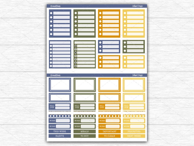 May include: A sheet of planner stickers with various rectangular and list-style designs in blue, green, orange, and yellow. The stickers include labels such as "Bill Due," "Work," and "Habits," and are labeled "Crowdless" and "School Days."