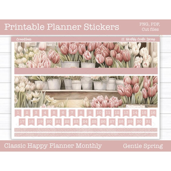 Druckbare Planer Aufkleber, sanfter Frühling glücklich Planer Monatlicher Sticker Kit, Blumenaufkleber, vertikale Sticker Kit, Cut Files, Cricut PNG