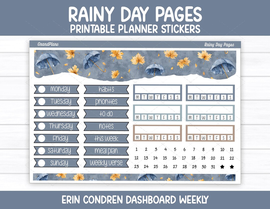 Rainy Day Pages Weekly Sticker Kit for Erin Condren Dashboard Planner ...