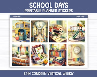 Printable Planner Stickers, School Days Weekly Sticker Kit, Erin Condren Planner Stickers, Vertical Sticker Kit, Cut File, Cricut PNG