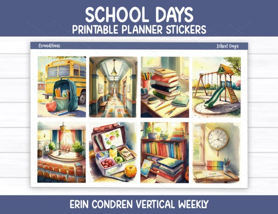 Printable Planner Stickers, School Days Weekly Sticker Kit, Erin Condren Planner Stickers, Vertical Sticker Kit, Cut File, Cricut PNG