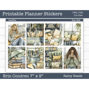 Printable Planner Stickers, Rainy Reads Weekly Sticker Kit,  Erin Condren Planner Stickers, Vertical Sticker Kit, Cut File, Cricut PNG
