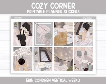 May include: A sheet of printable planner stickers titled Cozy Corner featuring eight illustrations of a person with a hair bow, knitting supplies, an orange and white cat, a person holding a mug, a book, a room interior, and hot beverages.