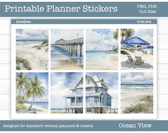 Printable Planner Stickers, Ocean View Weekly Kit, Erin Condren Stickers, Beach Stickers, Summer Stickers, Cut Files, Cricut PNG