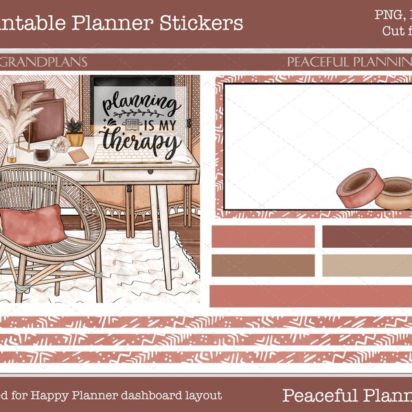 Pegatinas de planificador imprimibles, kit de pegatinas semanales, diseño de panel de planificador feliz, pegatinas digitales, archivos cortados, Cricut PNG, planificación pacífica