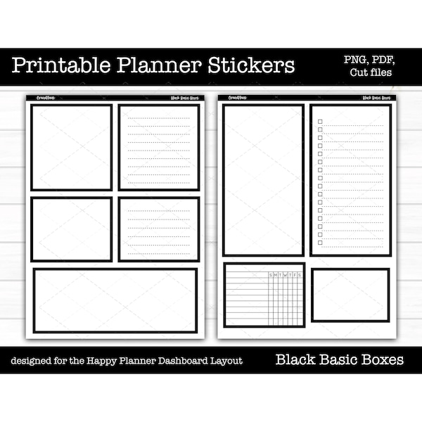 Printable Planner Stickers - Basic Black Boxes, Weekly Sticker Kit for the Happy Planner Dashboard Layout, Silhouette Cut Files, Cricut, PNG