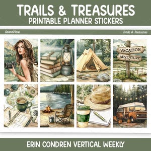 May include: A sheet of printable planner stickers titled Trails & Treasures featuring illustrations of a person with a camera, stacked books, a lantern, a tent, a wooden sign, a coffee cup, a campfire, a straw hat, and a camper van.