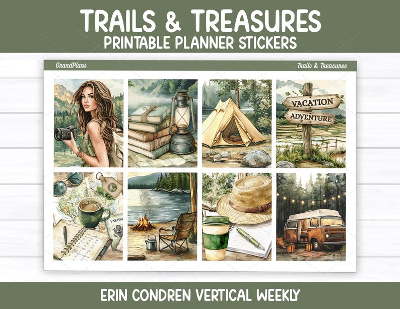 May include: A sheet of printable planner stickers titled Trails & Treasures featuring illustrations of a person with a camera, stacked books, a lantern, a tent, a wooden sign, a coffee cup, a campfire, a straw hat, and a camper van.