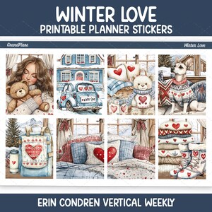 Op de afbeelding: Een vel met printbare Winter Love plannerstickers met acht rechthoekige illustraties, waaronder een persoon met een teddybeer, een blauwe auto, een teddybeer met hartjes, een hond in een trui, een rugzak, een bed en winterlaarzen.