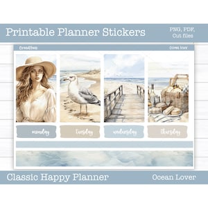 Printable Planner Stickers, Ocean Lover Weekly Sticker Kit, Happy Planner, Beach Stickers, Summer Stickers, Cut Files, Cricut PNG