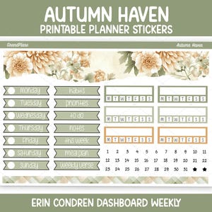 May include: A sheet of printable planner stickers titled Autumn Haven featuring floral illustrations in beige and green. The sheet includes labels for days of the week, habits, priorities, to-do, notes, this week, meal plan, weekly verse, and a calendar.