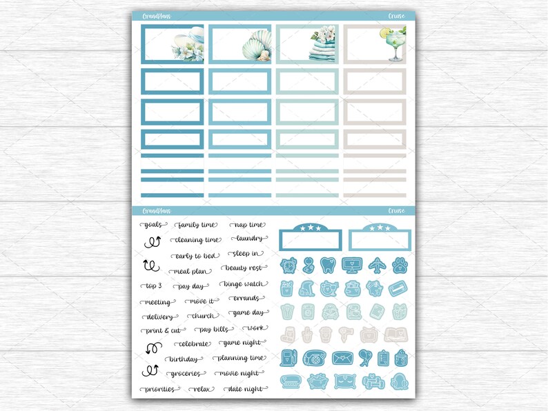 Op de afbeelding: Een planner sticker vel met een lichtblauw en wit kleurenschema. Het vel bevat vakken, lijnen en decoratieve pictogrammen voor planning. De woorden "Cruise" en "Colless" zijn zichtbaar. Ontworpen voor het organiseren van dagelijkse taken.
