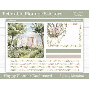 Adesivi stampabili per planner, kit di adesivi settimanali Spring Meadow, layout dashboard Happy Planner, adesivi per dashboard, file di taglio, Cricut PNG