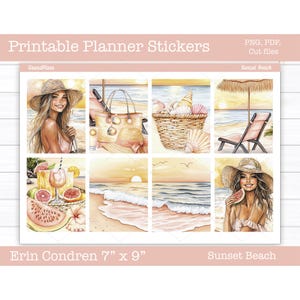 Printable Planner Stickers, Sunset Beach Weekly Sticker Kit, Vertical Stickers, Erin Condren, Sticker Sheets, Summer, Cut Files, Cricut PNG