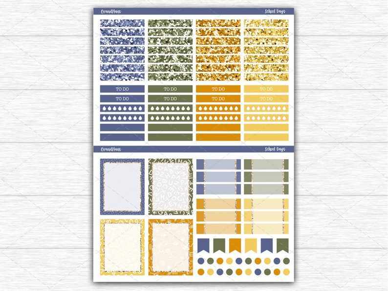 May include: A planner sticker sheet with a variety of designs. The stickers include glittery stripes, "To Do" labels, and decorative elements in blue, green, and gold. The sheet also features frames and banner shapes, perfect for organizing and decorating.