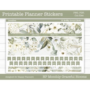 Druckbare Aufkleber, Happy Planner Monthly Kit, Blumen, Frühling, digitale Aufkleber, Cut Dateien, Cricut PNG, elegante Blüten