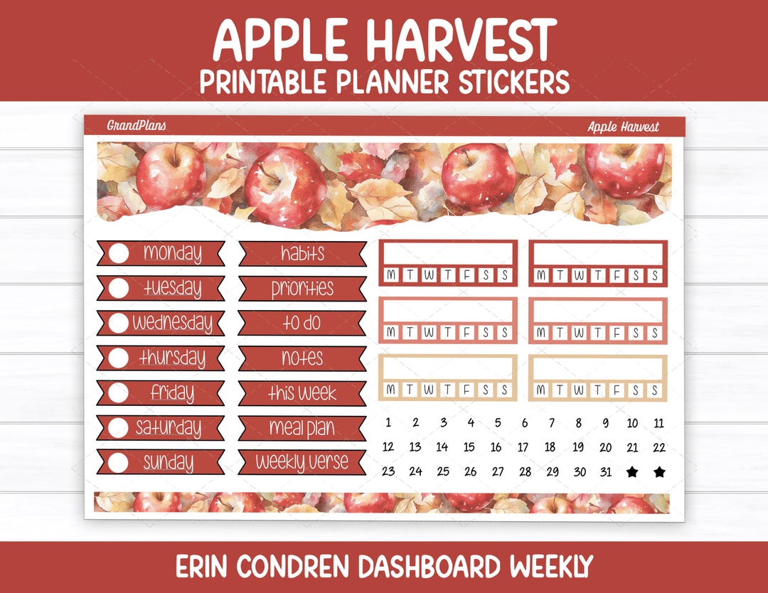 Apple Harvest Weekly Sticker Kit for Erin Condren Dashboard Planner ...