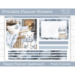 Adesivi stampabili per planner, Frosty Coziness, Kit di adesivi settimanali, Layout dashboard Happy Planner, Adesivi per dashboard, File di taglio, Cricut PNG