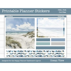 Pegatinas imprimibles del planificador, kit de pegatinas semanales con vista al mar, diseño del panel del planificador feliz, pegatinas de verano, archivos cortados, Cricut PNG