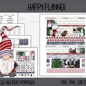Printable Happy Planner Monthly Stickers | Monthly Sticker Kit - LITTLE HELPERS | Gnomes | Christmas | Cut Files | PNG