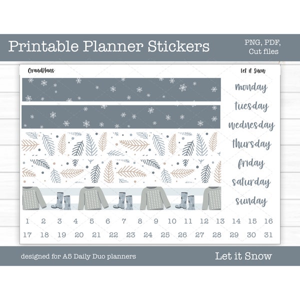 Printable A5 Daily Duo Weekly Sticker Kit - Let it Snow, Planner Stickers, Winter, Digital, Cut Files, Cricut, PNG