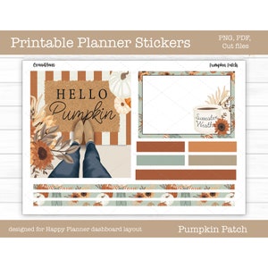 Planificateur d'autocollants imprimables, kit d'autocollants hebdomadaires, mise en page du tableau de bord Happy Planner, autocollants numériques, fichiers coupés, Cricut PNG, citrouille