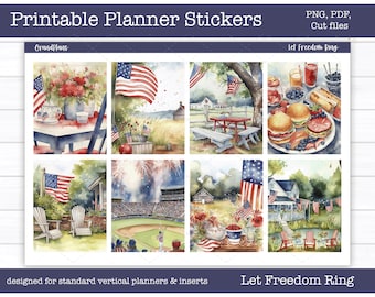 Printable Planner Stickers, Let Freedom Ring Weekly Sticker Kit, Erin Condren Stickers, Vertical Planner, Summer, Cut Files, Cricut PNG