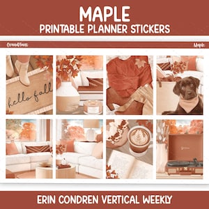 May include: A sheet of printable planner stickers titled Maple featuring autumn-themed illustrations including a doormat with the text hello fall, a vase, a candle, a sweater, boots, a dog, a living room, a coffee cup, a book, and a record player.