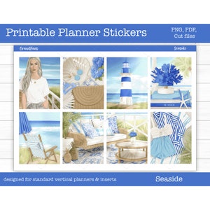 Summer Printable Planner Stickers, Weekly Sticker Kit, Seaside, Erin Condren Planner Stickers, Vertical Sticker Kit, Cut File, Cricut PNG