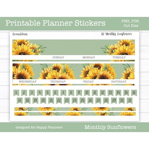 Printable Happy Planner Monthly Kit, Sunflowers, Planner Stickers, Summer, Digital Stickers, Florals, Cut Files, Cricut PNG